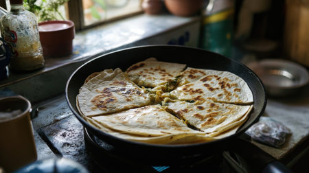 A close-up of a freshly cooked tortilla with vegetables on a pan, showcasing the vibrant colors and golden-brown texture. Perfect for food enthusiasts.の素材