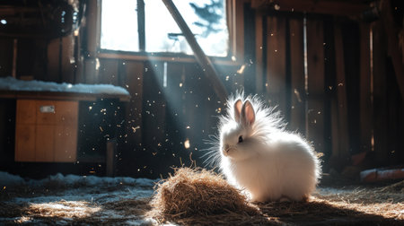 A fluffy white rabbit sits peacefully on straw in a sunlit barn, surrounded by gentle dust motes. This serene scene captures the essence of farm life and tranquility.の素材
