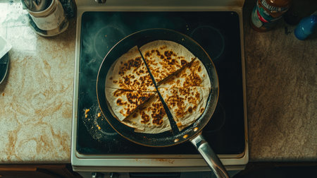 A top view of a crispy tortilla cooking in a pan on a kitchen stove. The golden-brown texture showcases deliciousness, ideal for culinary enthusiasts.の素材