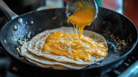 A close-up image featuring melted cheese being poured over soft tacos in a hot pan. The vibrant and inviting colors create an appetizing scene of culinary delight.の素材