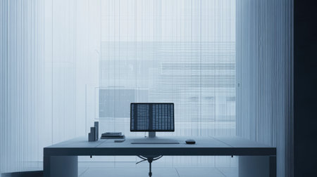 A modern office workspace featuring a sleek desk, computer monitor, and gentle natural light filtering through sheer curtains, creating a serene and organized environment.の素材