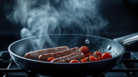 An appetizing scene of juicy sausages cooking alongside fresh cherry tomatoes in a pan, creating a delightful smoky aroma that enhances any meal.の素材