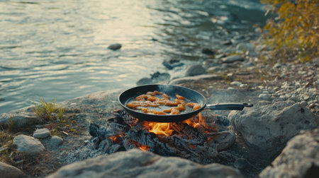 A serene scene showing food frying over an open fire by a riverbank, surrounded by stones and nature. Perfect for outdoor cooking, camping themes, or culinary adventures.の素材