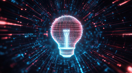 A stunning representation of a glowing light bulb created with digital particles, showcasing a colorful stream of energy. Ideal for technology and creativity themes.の素材