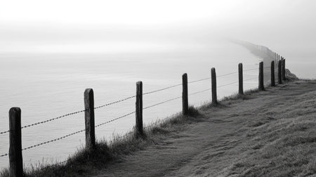 A tranquil misty coastal path lined with wooden fencing creates a serene atmosphere. The fog envelops the horizon, inviting solitude and reflection.の素材