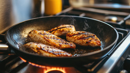 Juicy grilled chicken breasts sear in a hot pan, creating flavor and aroma. Perfect for healthy meals, showcasing cooking techniques and culinary art.の素材