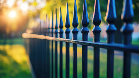 This image showcases a beautifully detailed black fence with spires, silhouetted against a warm sunset glow, creating a tranquil and artistic feel.の素材