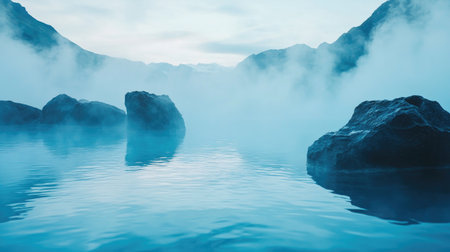 This captivating image showcases a misty lake surrounded by majestic mountains, creating a serene and tranquil atmosphere perfect for relaxation and exploration.の素材
