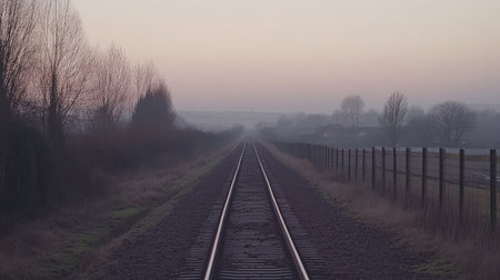 A beautiful view of empty railway tracks stretching into the foggy distance at dawn. The serene atmosphere captures the stillness of nature and rural landscapes.の素材
