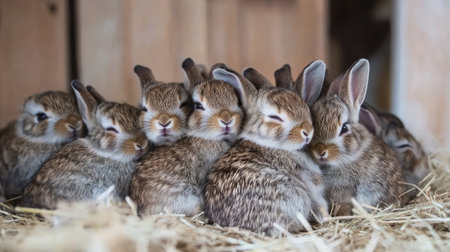 A heartwarming scene of a group of baby rabbits nestled together in a bed of hay. Their soft fur and cozy poses create a charming image of warmth and companionship.の素材