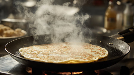 A freshly cooked omelette sizzles in a pan, surrounded by steam in a busy kitchen. The golden texture and warm atmosphere highlight the joy of cooking.の素材