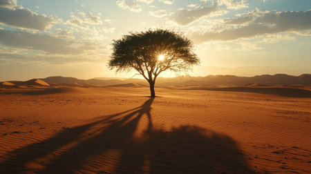 A beautiful silhouette of a lone tree against a stunning sunset in the desert. The captivating scene showcases the serene beauty of nature, highlighting the tranquility of an untouched landscape.の素材