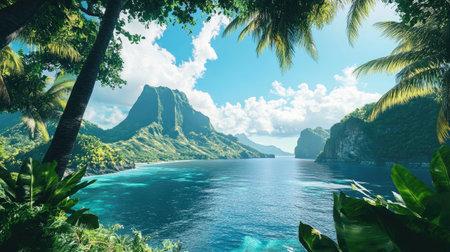 Explore a stunning tropical landscape featuring majestic mountains, vibrant greenery, and crystal-clear waters, perfect for relaxation and adventure in nature.の素材