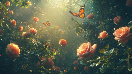 A captivating scene of an enchanting garden, filled with blooming roses and butterflies dancing in soft light, capturing the essence of natural beauty and tranquility.の素材