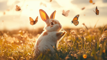 A cute rabbit stands playfully in a sunlit meadow, surrounded by butterflies, creating a whimsical and serene atmosphere in nature. Perfect for animal lovers!の素材