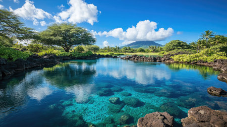 This stunning tropical oasis showcases vibrant blue water reflecting fluffy clouds and a distant mountain, surrounded by lush greenery, perfect for relaxation.の素材