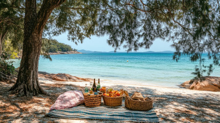 Enjoy a serene beach picnic set under trees, featuring baskets of food and drinks with a breathtaking view of the clear blue ocean, perfect for relaxation.の素材