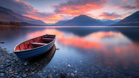 A tranquil scene showcasing a boat resting by a peaceful lake at sunset. The majestic mountains reflect beautifully in the calm waters under a colorful sky.の素材