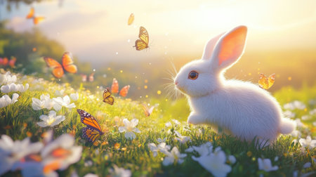 A charming white bunny plays in a sunlit meadow filled with vibrant butterflies and flowers, capturing the essence of springtime joy and innocence.の素材
