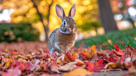 A charming rabbit stands among vibrant autumn leaves, capturing the essence of nature's beauty. The scene exudes tranquility and warmth, showcasing the playful spirit of wildlife.の素材