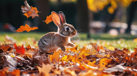 A cute rabbit hops through a vibrant carpet of autumn leaves in a sunlit park. This charming scene captures the essence of nature and playful moments.の素材