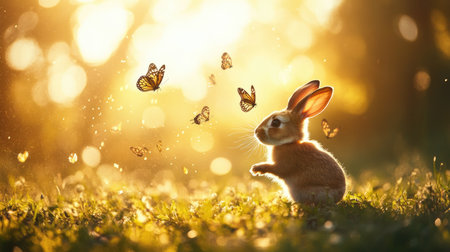 A charming scene of a cute rabbit amidst fluttering butterflies in a sunlit meadow. This vibrant image captures the essence of nature, joy, and tranquility.の素材