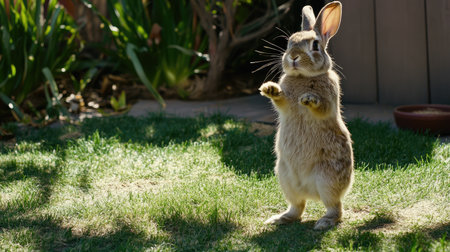A curious brown rabbit stands on its hind legs, exploring the lush green garden. This adorable creature captures the essence of playful wildlife in a bright outdoor setting.の素材