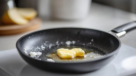 A close-up view of melting butter in a black frying pan on a modern kitchen surface. The scene captures the essence of cooking and food preparation, inviting culinary creativity.の素材