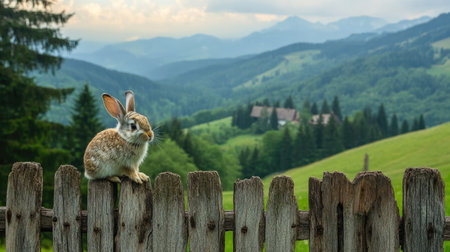 A charming rabbit perches on a rustic fence, surrounded by lush greenery and distant mountains. This tranquil scene captures the essence of peaceful rural life.の素材