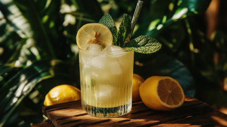 A vibrant lemonade cocktail served over ice, garnished with mint and lemon slices, captured in a lush outdoor setting, perfect for summer refreshment.の素材