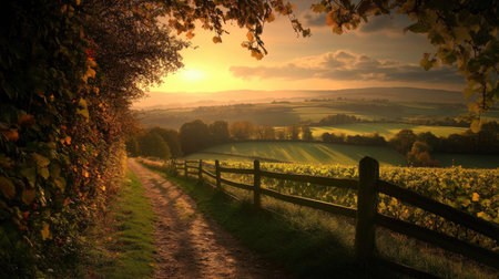 Experience the tranquility of a serene sunset over rolling hills and lush fields. A peaceful dirt pathway invites exploration amidst vibrant foliage and warm light.の素材