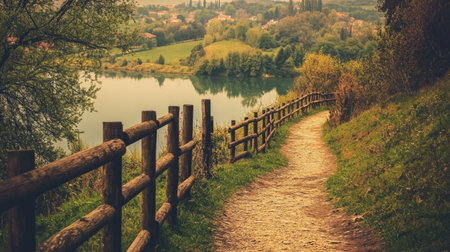 A calm pathway meanders alongside a tranquil lake, with vibrant trees and hills in the backdrop, inviting travelers to explore the serene surroundings.の素材