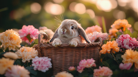 An adorable rabbit relaxes in a wicker basket surrounded by blooming flowers. This charming scene captures the essence of springtime joy and tranquility in nature.の素材