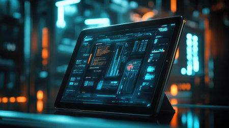 A sleek tablet featuring a vibrant display of data and analytics in a modern, high-tech environment with glowing blue and orange accents, ideal for technology themes.の素材