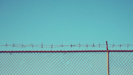 A close-up view of a barbed wire fence under a clear blue sky, showcasing the harsh yet simple beauty of industrial barriers in an outdoor setting.の素材