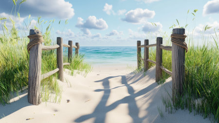 A stunning beach pathway leads to the tranquil sea, framed by lush grass and rustic wooden fences. Enjoy the calming waves and picturesque clouds in this serene coastal scene.の素材