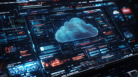 A captivating digital representation of cloud technology featuring data visualizations, interfaces, and abstract designs that symbolize modern computing.の素材