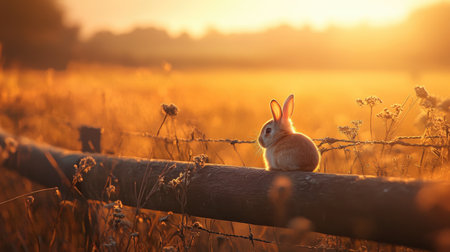 A charming rabbit is perched on a rustic wooden fence, basking in the golden light of a sunset. This serene scene captures the beauty of nature in a peaceful meadow.の素材