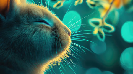 A charming close-up image of a cat in profile, enjoying a tranquil moment surrounded by soft green bokeh lights. The serene expression captures the beauty of nature and the peaceful ambiance.の素材