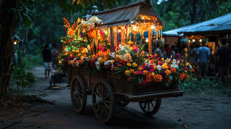 A beautifully decorated flower cart filled with bright blooms, illuminated by soft lights in a lush outdoor setting, creates a charming and inviting atmosphere for festivities.の素材