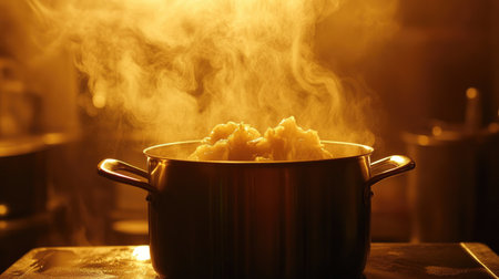 A pot filled with fluffy mashed potatoes releases steam in a warm kitchen ambiance, showcasing a cozy cooking atmosphere perfect for comforting meals.の素材