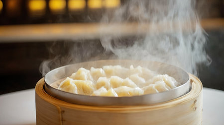 A bamboo steamer filled with freshly made dumplings surrounded by steam. This image evokes a sense of warmth and culinary tradition, perfect for any food-related project.の素材