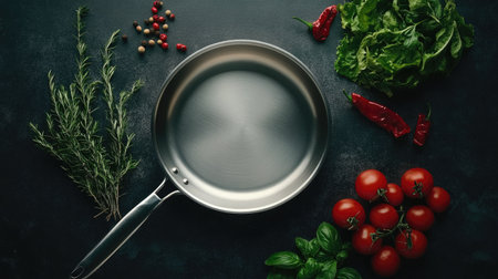 A top view of a stainless steel pan surrounded by fresh vegetables and herbs on a dark surface. Perfect for showcasing ingredients for cooking and healthy meal preparation.の素材