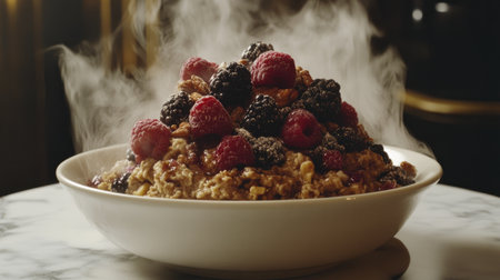 A steaming bowl of oatmeal loaded with vibrant berries and crunchy nuts, perfect for a warm and nutritious breakfast or snack.の素材