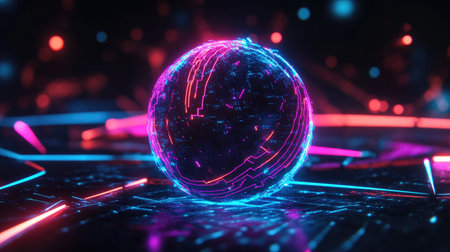 A mesmerizing 3D sphere radiates vibrant neon lights against an abstract background, showcasing intricate patterns and glowing effects in a futuristic design.の素材