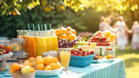 A vibrant summer party table adorned with colorful drinks and an abundance of fresh fruits. Enjoy the joy of outdoor gatherings filled with sunshine.の素材