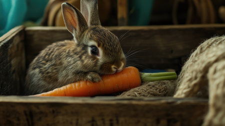 A charming rabbit peacefully munching on a fresh carrot in a rustic wooden box. The adorable animal displays its soft fur while enjoying this healthy snack.の素材