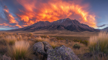A breathtaking sunset illuminates rugged mountain peaks, casting vibrant colors across the sky. This serene landscape features dramatic clouds and rocky terrain, inviting exploration and adventure.の素材