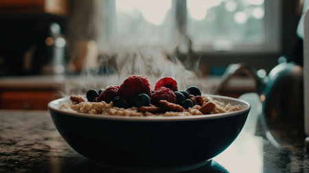 A steaming bowl of oatmeal topped with fresh berries and nuts sits on a cozy kitchen counter, highlighting a simple yet delicious breakfast option perfect for any morning.の素材