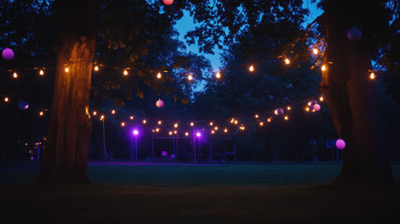 A beautiful park scene at dusk with string lights hanging between trees, creating a cozy and romantic atmosphere ideal for evening gatherings.の素材